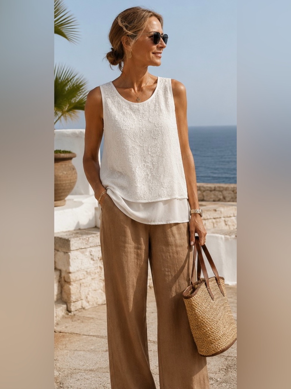 Karen Kane Luxury Silk Blend Embroidered Popover Tank Ivory Boho Top